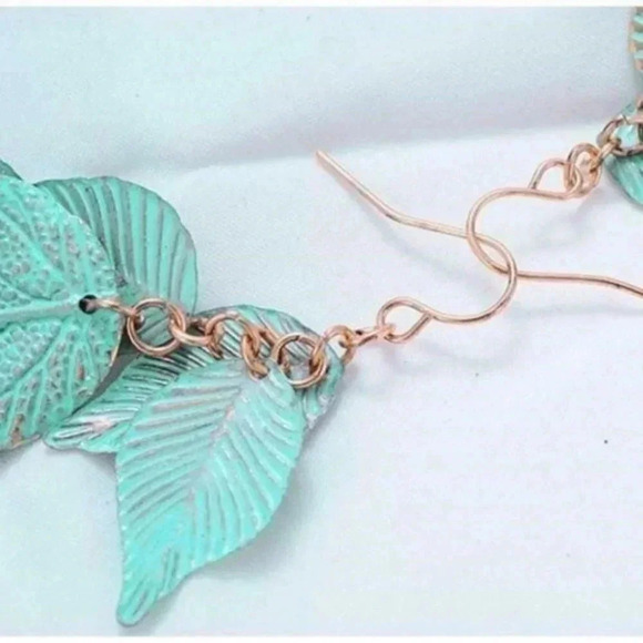 Rustic Blue Green Patina Verdigris Textured Leaves Dangle Earrings - Picture 3 of 5